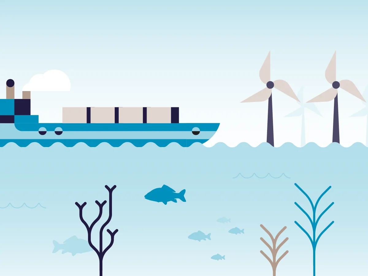 Illustration d'un paysage marin : cargo, fonds marins et éoliennes.