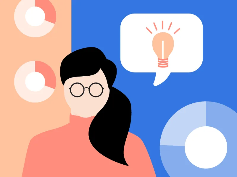 Femme entourée de graphiques camembert.