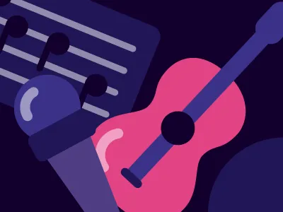 Instruments de musique, micro et partition. 