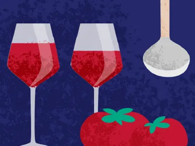 Scène représentant une cuisine et des verres de vins. 